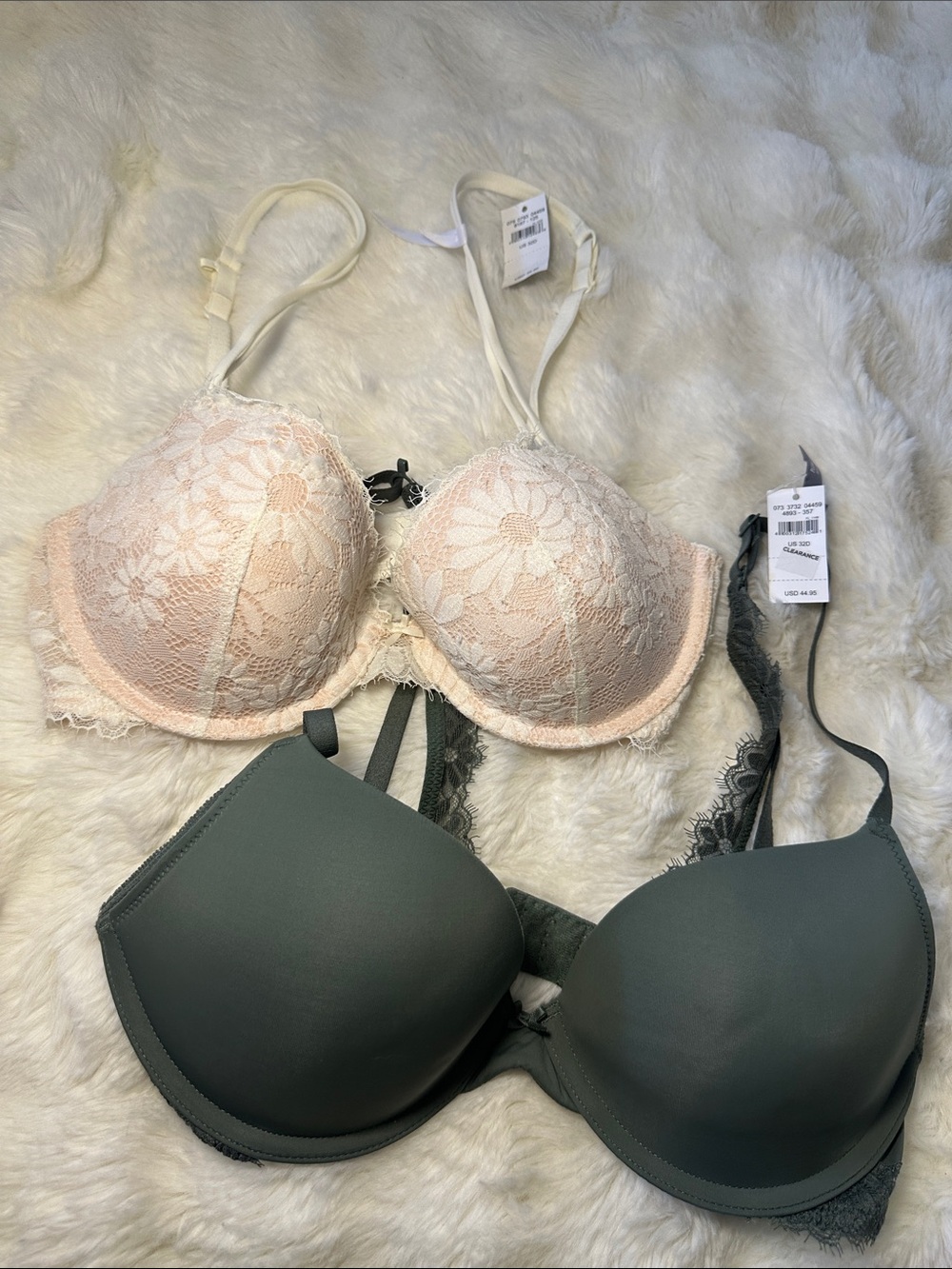 Two Aerie Bras cream Lace and Green
